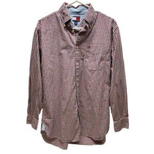 Tommy Hilfiger Shirt Men's Small Red White Blue Plaid Long Sleeve Button Up EUC